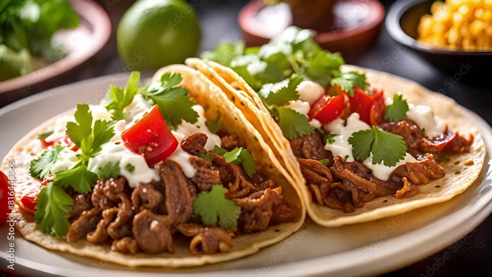 Colorful display of Mexican tacos filled with seasoned beef, fresh cilantro, diced tomatoes, and creamy cheese Colorful display of Mexican tacos filled with seasoned beef, fresh cilantro, diced tomatoes, and creamy cheese