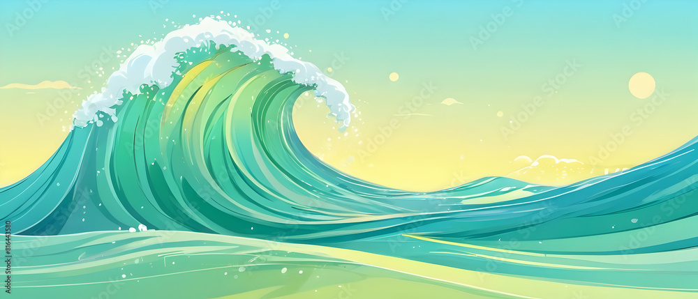 Nature sunny colorful seascape art. Blue, green, yellow abstract ocean water wave illustration. Nursery pastel waves cartoon style. Nature sunny colorful seascape art. Blue, green, yellow abstract ocean water wave illustration. Nursery pastel waves cartoon style.
