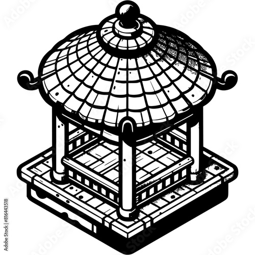 Summer veranda in Japanese style in monochrome. Outdoor terrace for relaxation. Simple minimalistic vector in black ink drawing on transparent background