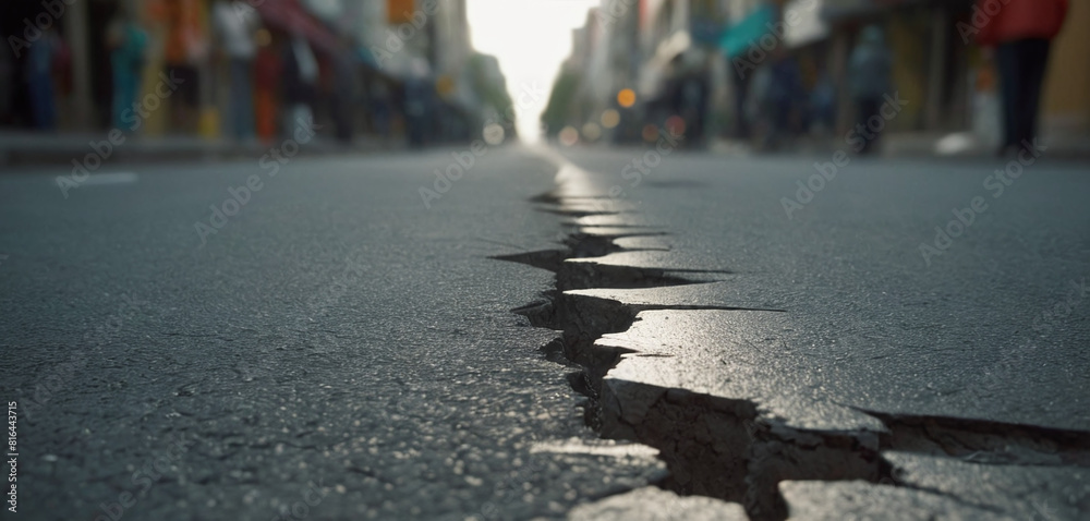 In a busy city street, there is a road with a long crack, depicting the effects of an earthquake
