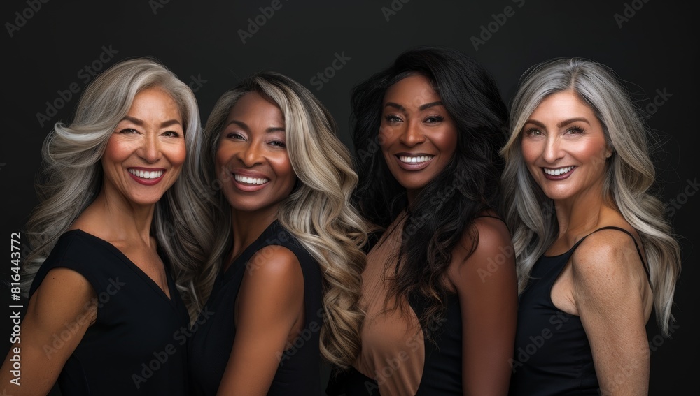 Obraz premium 5 women of different ethnicities, all with beautiful skin and hair standing next to each other smiling for the camera against a black background.