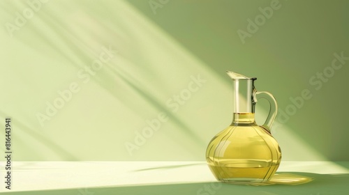 Photorealistic illustration of a glass olive oil container against a green pastel background with copy space for text or logo  beautifully illuminated by studio lighting