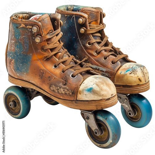 A pair of old, worn-out roller-skates with blue wheels.