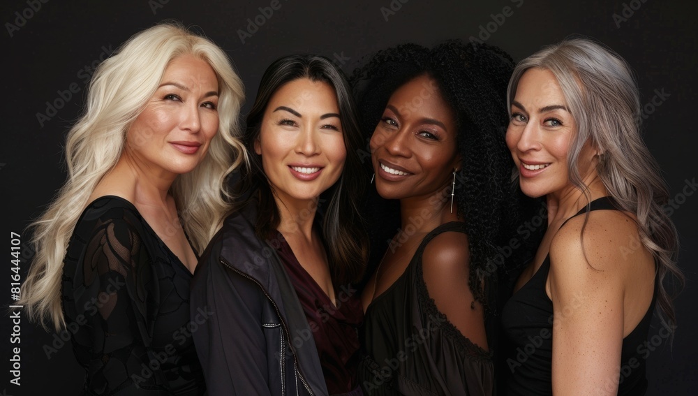 5 women of different ethnicities, all with beautiful skin and hair standing next to each other smiling for the camera against a black background. 5 women of different ethnicities, all with beautiful skin and hair standing next to each other smiling for the camera against a black background.