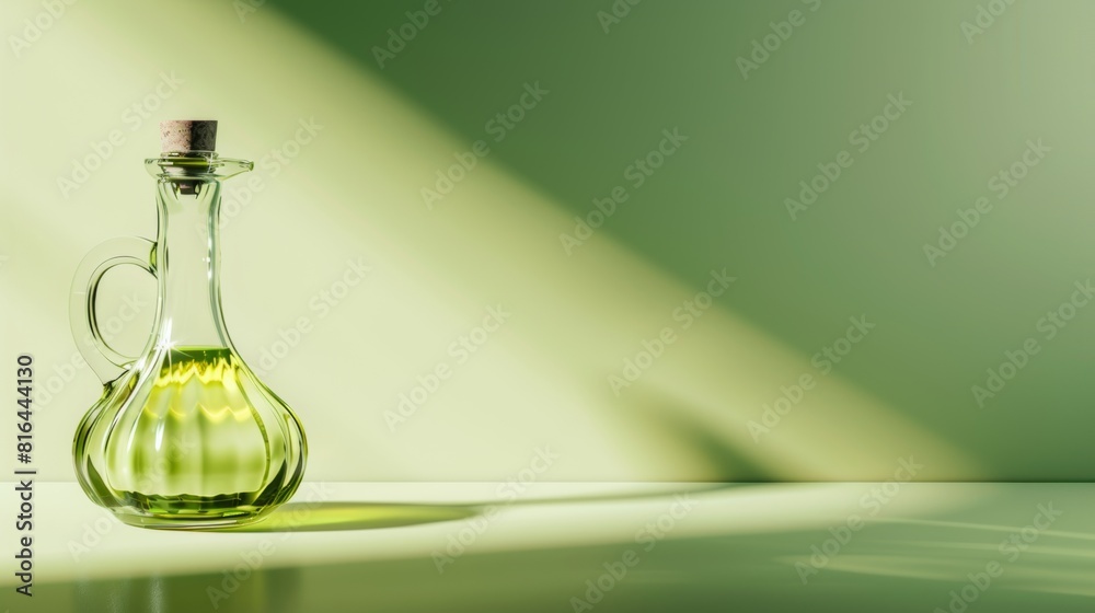 Photorealistic illustration of a glass olive oil container against a green pastel background with copy space for text or logo, beautifully illuminated by studio lighting Photorealistic illustration of a glass olive oil container against a green pastel background with copy space for text or logo, beautifully illuminated by studio lighting