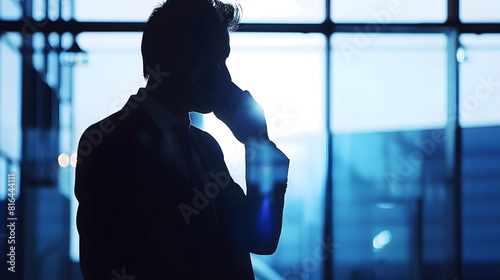Silhouette of a businessman man in a modern office on the background of the window a man talking on the phone : Generative AI
