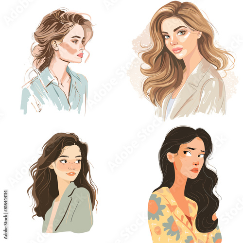 Elegant and stylish female portraits with natural beauty, soft colors, and artistic details. Perfect for fashion, beauty, lifestyle, and modern character illustration projects.