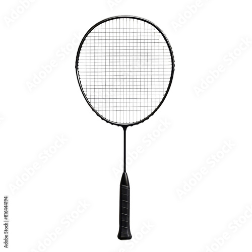 Black badminton racket isolated on black background.