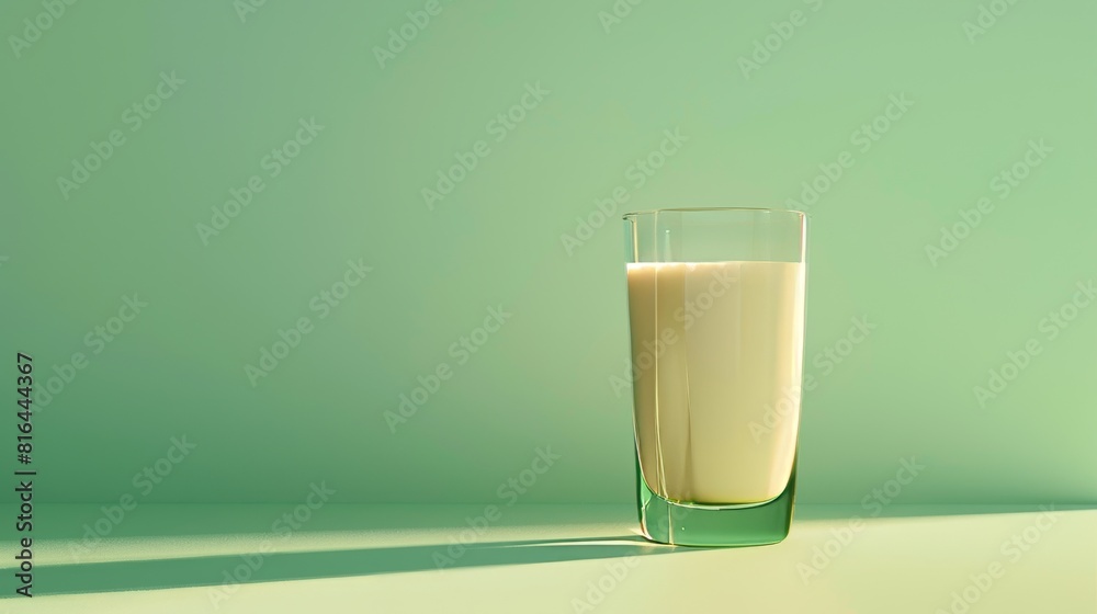 Photorealistic illustration of a glass of milk against a green pastel background with copy space for text or logo, beautifully illuminated by studio lighting Photorealistic illustration of a glass of milk against a green pastel background with copy space for text or logo, beautifully illuminated by studio lighting