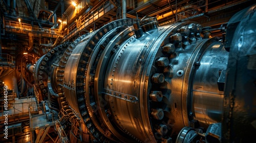 Close-up of a large steam turbine in a power plant, showcasing intricate mechanical details, perfect for advertising