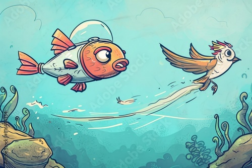 Cartoon cute doodles of a fish wearing a jetpack zooming through the air while a bird gracefully swims in the ocean depths, Generative AI  photo