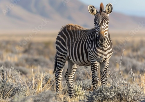 Portrait of mountain zebra  Equus Zebra  standing in a field of grass with mountains in the background.