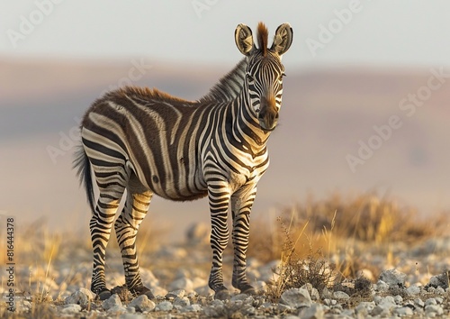 Portrait of mountain zebra (Equus Zebra) standing in a field of grass with mountains in the background. photo