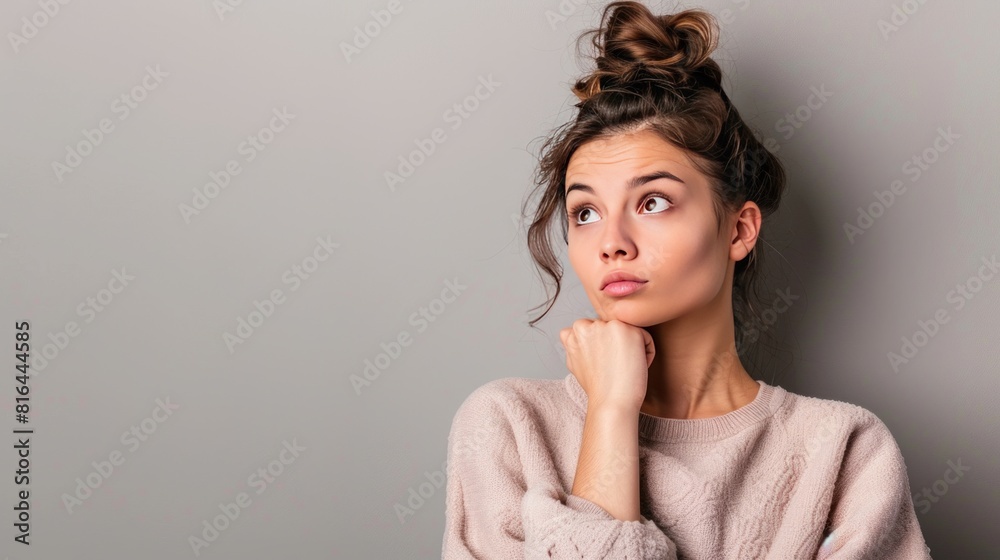 Photo of young attractive thoughtful minded pretty lovely girl thinking look copyspace isolated on grey color background AI generated Photo of young attractive thoughtful minded pretty lovely girl thinking look copyspace isolated on grey color background AI generated