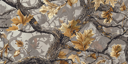 oak tree branches with leaves against a camouflage background, generative AI