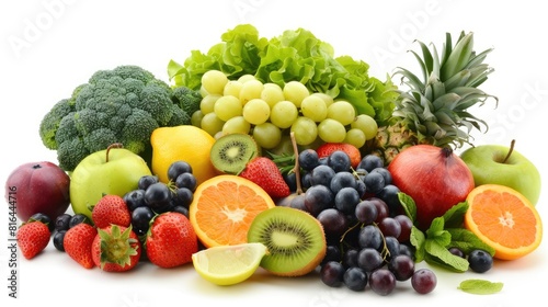 Fresh fruits and vegetables image on a white background promoting a healthy diet