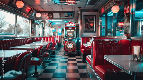Classic american diner with red leather booths and a jukebox  