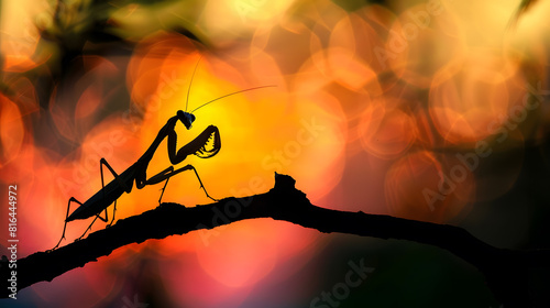 The silhouette of an empusa pennata mantis on a twig against a vibrant sunset with tree silhouettes : Generative AI photo