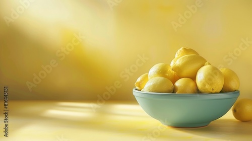 Photorealistic illustration of a bowl of lemons against a yellow pastel background with copy space for text or logo, beautifully illuminated by studio lighting
