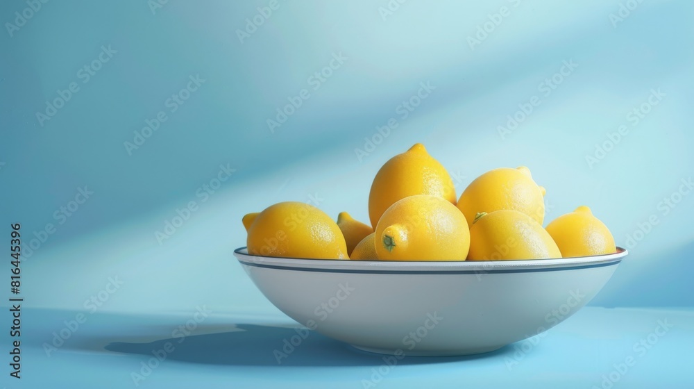 Photorealistic illustration of a bowl of lemons against a blue pastel background with copy space for text or logo, beautifully illuminated by studio lighting 