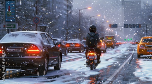 Delivery moped drives through heavy traffic. Snowy road.