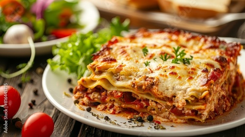 Close-up, advertising shot of a lasagna dish with garnishing salad and garlic bread, focus on culinary details, isolated under studio lights