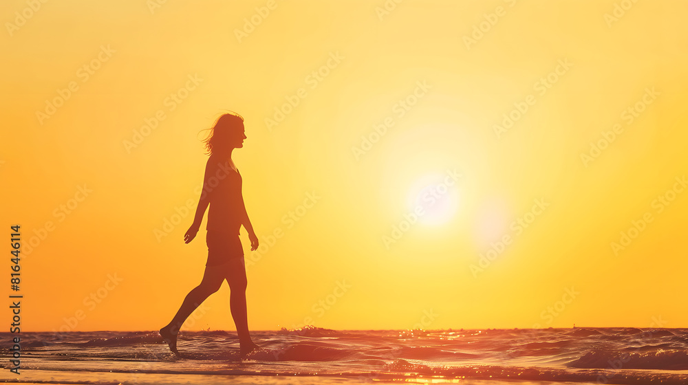 silhouette of a woman walking along the seashore Spiritual Peace Meditation A happy girl walks along the seashore against the backdrop of sunset side view : Generative AI