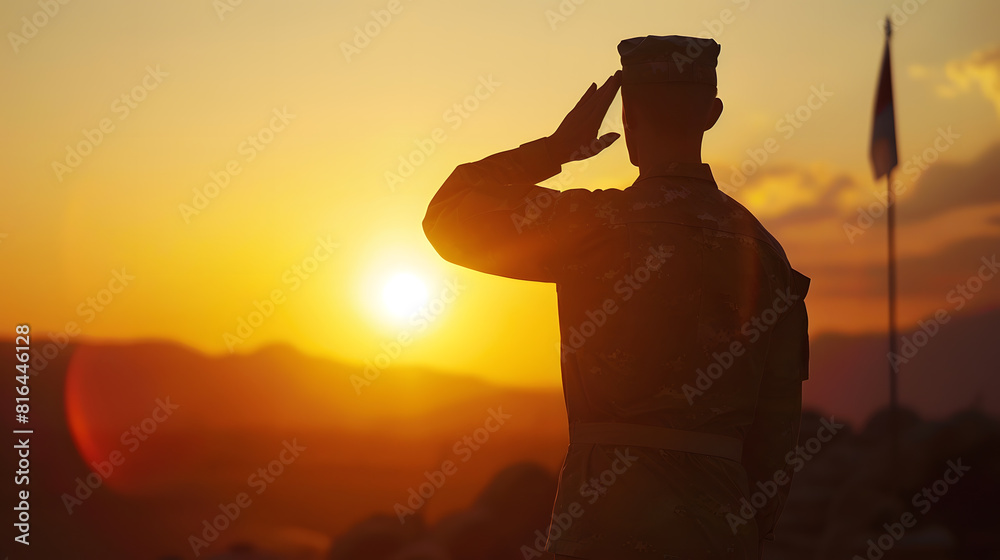 Silhouette Of A Soldier Saluting During Sunset : Generative AI Silhouette Of A Soldier Saluting During Sunset : Generative AI