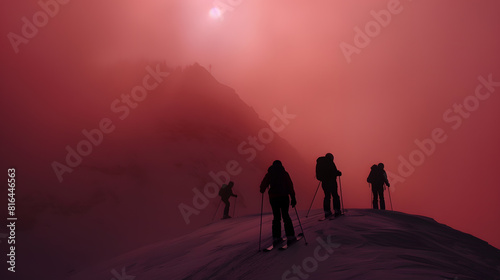 Silhouettes of four skiers on the highest point of the mountain against the background of the mountain peaks in the fog and the red sky : Generative AI © Generative AI