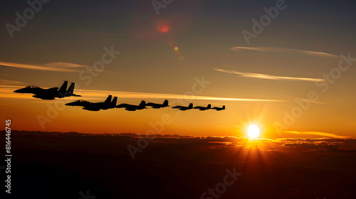 Air Force Day Aircraft silhouettes on background of sunset Combat flight of interceptors on a mission : Generative AI
