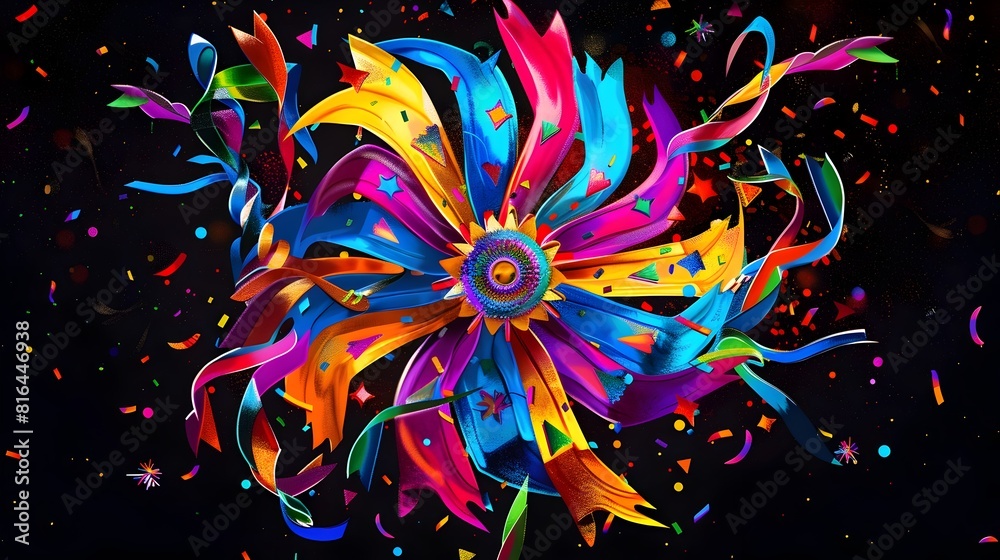 Vibrant and Whimsical Fiesta Pinwheel Spinning in the Wind with Colorful Streamers and Confetti on a Synthwave Inspired Black Background Vibrant and Whimsical Fiesta Pinwheel Spinning in the Wind with Colorful Streamers and Confetti on a Synthwave Inspired Black Background