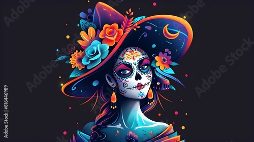 Vibrant Catrina Character Celebrating Dia de los Muertos with Elaborate Floral Accents and Elegant Attire