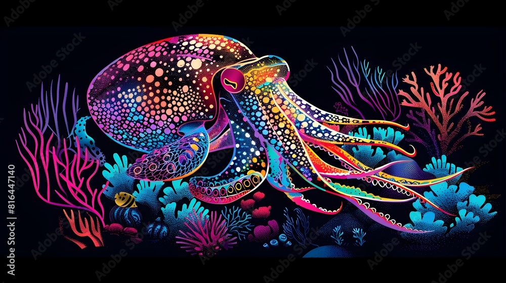 Vibrant Cuttlefish Silhouette Camouflaged in a Coral Reef Underwater Cave with Surrounding Marine Life Vibrant Cuttlefish Silhouette Camouflaged in a Coral Reef Underwater Cave with Surrounding Marine Life