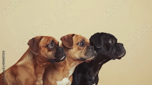 Three dogs are standing next to each other  one of which is black