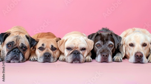 A row of dogs of different colors are laying down on a pink background