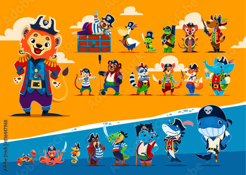 Cartoon animal pirate and corsair characters. Captain and skipper, boatswain and sailor filibusters. Cute childish pirate personages with funny cat, whale, crab and lion. Turtle, bear, sloth and tiger