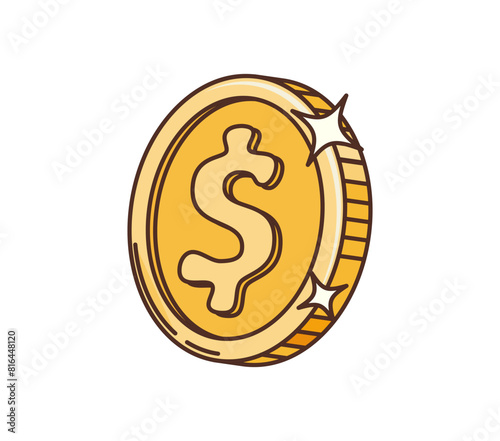 Retro groovy golden coin, hippie cartoon symbol and 70s art vector element. Groovy dollar cent coin with shiny golden sparkles, hippie or hipster style art element for t-shirt print or sticker design