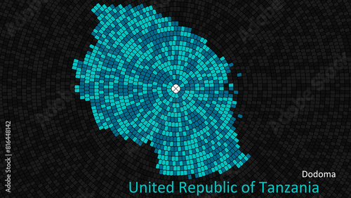 A map of United Republic of Tanzania is presented as a mosaic with a dark background, and the country's borders are outlined in the shape of a colorful mosaic, centered around the capital city.