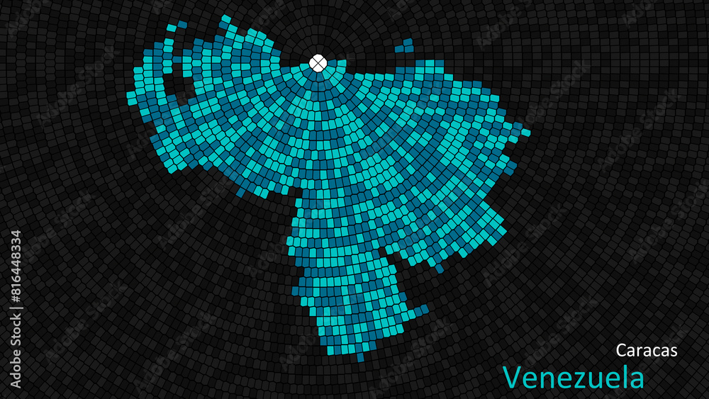 Fototapeta premium A map of Venezuela is presented as a mosaic with a dark background, and the country's borders are outlined in the shape of a colorful mosaic, centered around the capital city.