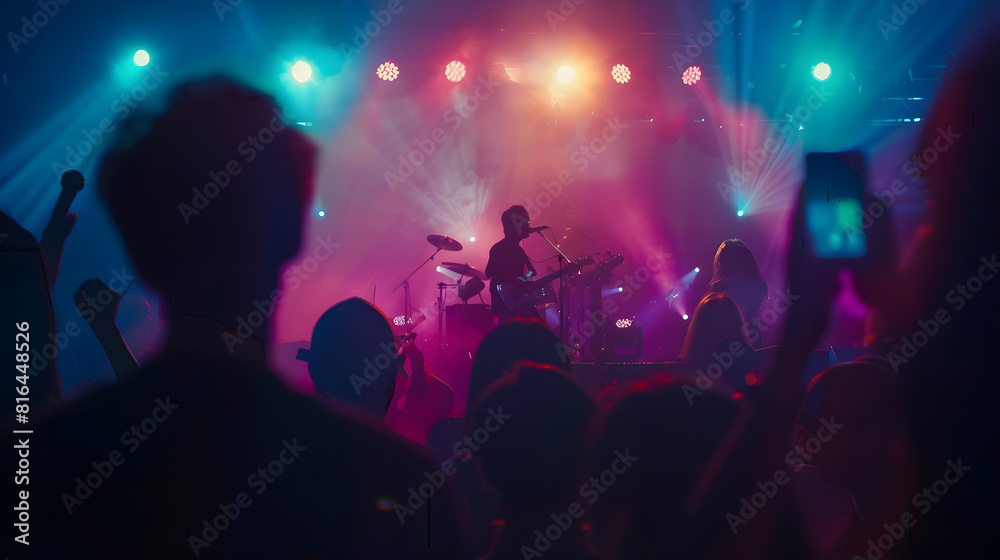 Music festival concert or people singing at night performance for gen z party nightclub lights and dancing Rock band on stage at event with crowd dance audience group or fans energy in : Generative AI
