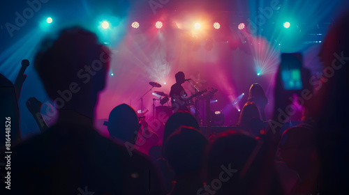 Music festival concert or people singing at night performance for gen z party nightclub lights and dancing Rock band on stage at event with crowd dance audience group or fans energy in : Generative AI