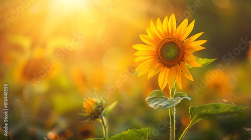 Beautiful sunflower in a blurred background of a field with space for copy, banner design. A summer landscape with a yellow flower on a natural meadow