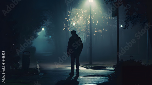 Man silhouette in misty alley at night city park mystery and horror foggy cityscape atmosphere alone stalker or crime person   Generative AI