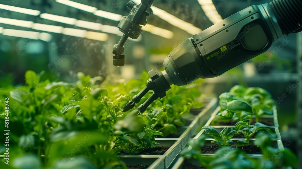 Close-up shot of a robotic arm conducting plant care in a controlled laboratory environment, illustrating cutting-edge agricultural technology Close-up shot of a robotic arm conducting plant care in a controlled laboratory environment, illustrating cutting-edge agricultural technology