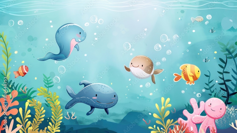 Colorful underwater cartoon animals in a whimsical ocean scene with blank space for text Colorful underwater cartoon animals in a whimsical ocean scene with blank space for text