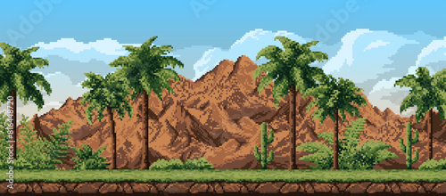 8 bit pixel forest landscape with mountains, palm trees and cactus, vector background for game level. 8bit pixel art landscape of Amazon forest with ferns and palms of Africa mountains or Madagascar © Vector Tradition