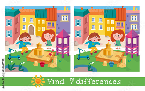 Find 7 differences. Game for children. Cute kids in playground Cartoon character. Vector illustration. 