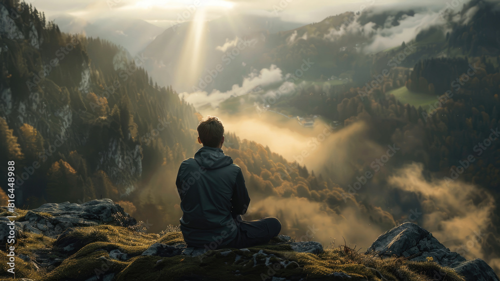A man sitting from the back overlooks a stunning valley with sunlight breaking through the mist A man sitting from the back overlooks a stunning valley with sunlight breaking through the mist