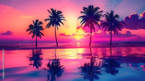 Beautiful tropical beach with palm trees silhouette at sunset, vibrant colors, colorful sky