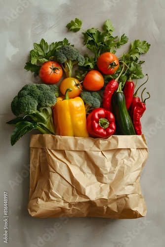 Vegetarian ingredients packed with vitamins and nutrients concept of broccoli carrots and peppers in a paper bag
